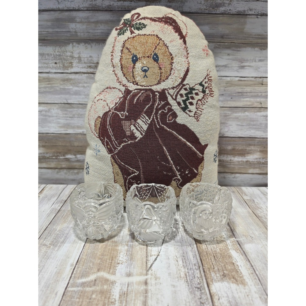 Vintage Christmas Tapestry Bear Door Stop & Santa Angel Tree Candle Holders